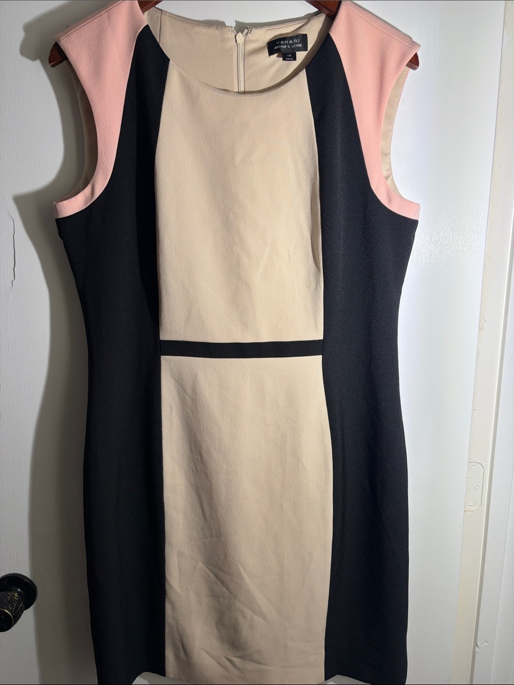 Tahari ASL Black, Cream & Pink Colorblock Midi Sheath Dress